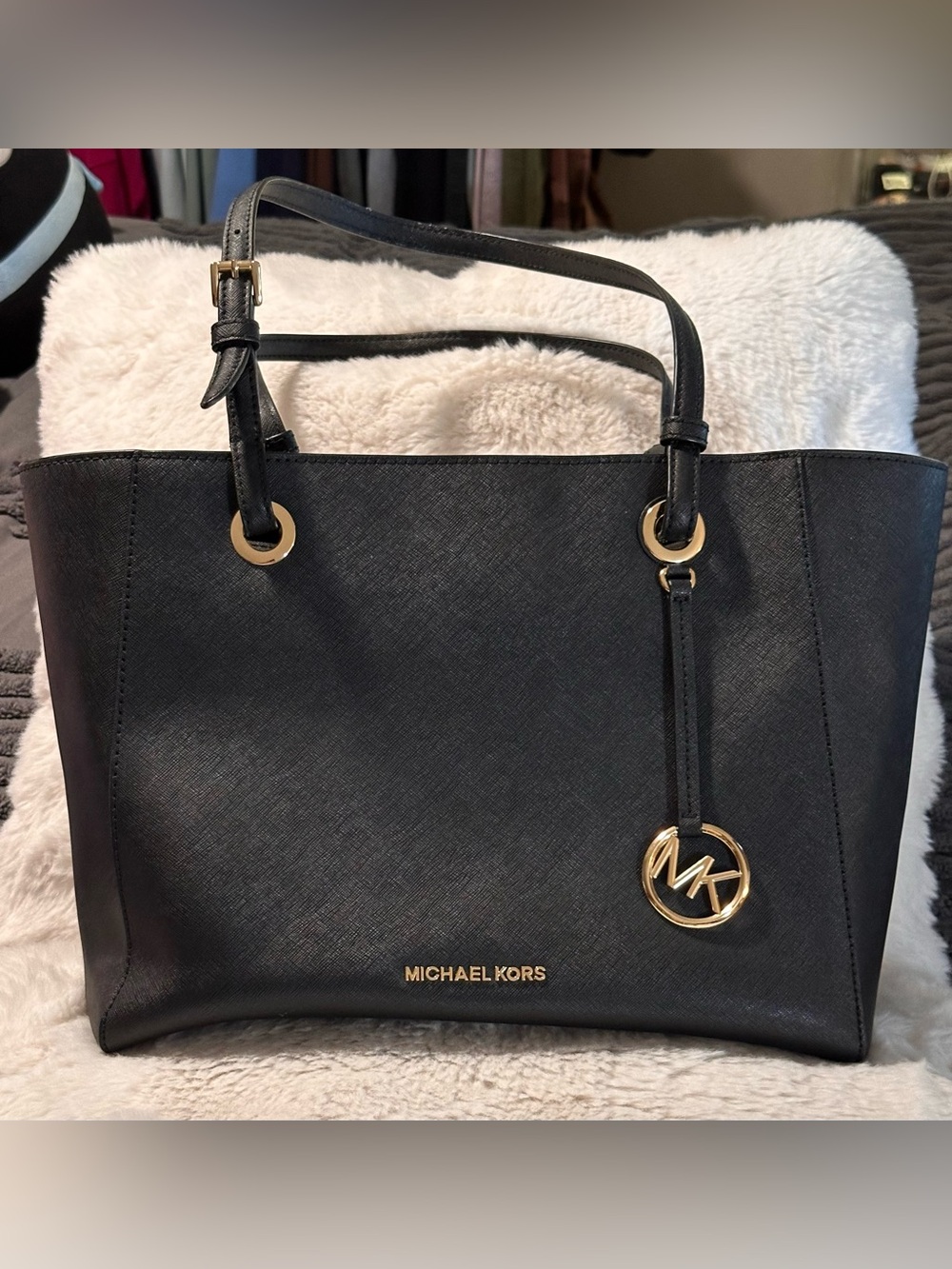 Authentic Michael Kors Black Saffiano Leather Tote with Gold Hardware